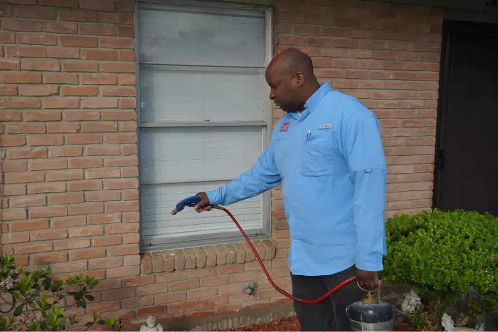 A pest control professional in a blue uniform spraying near a home's window exterior with a pest control solution.