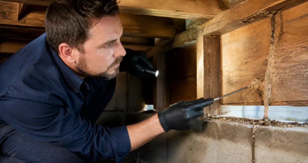Termite control technician inspecting damaged wood and termite mud tubes under a home